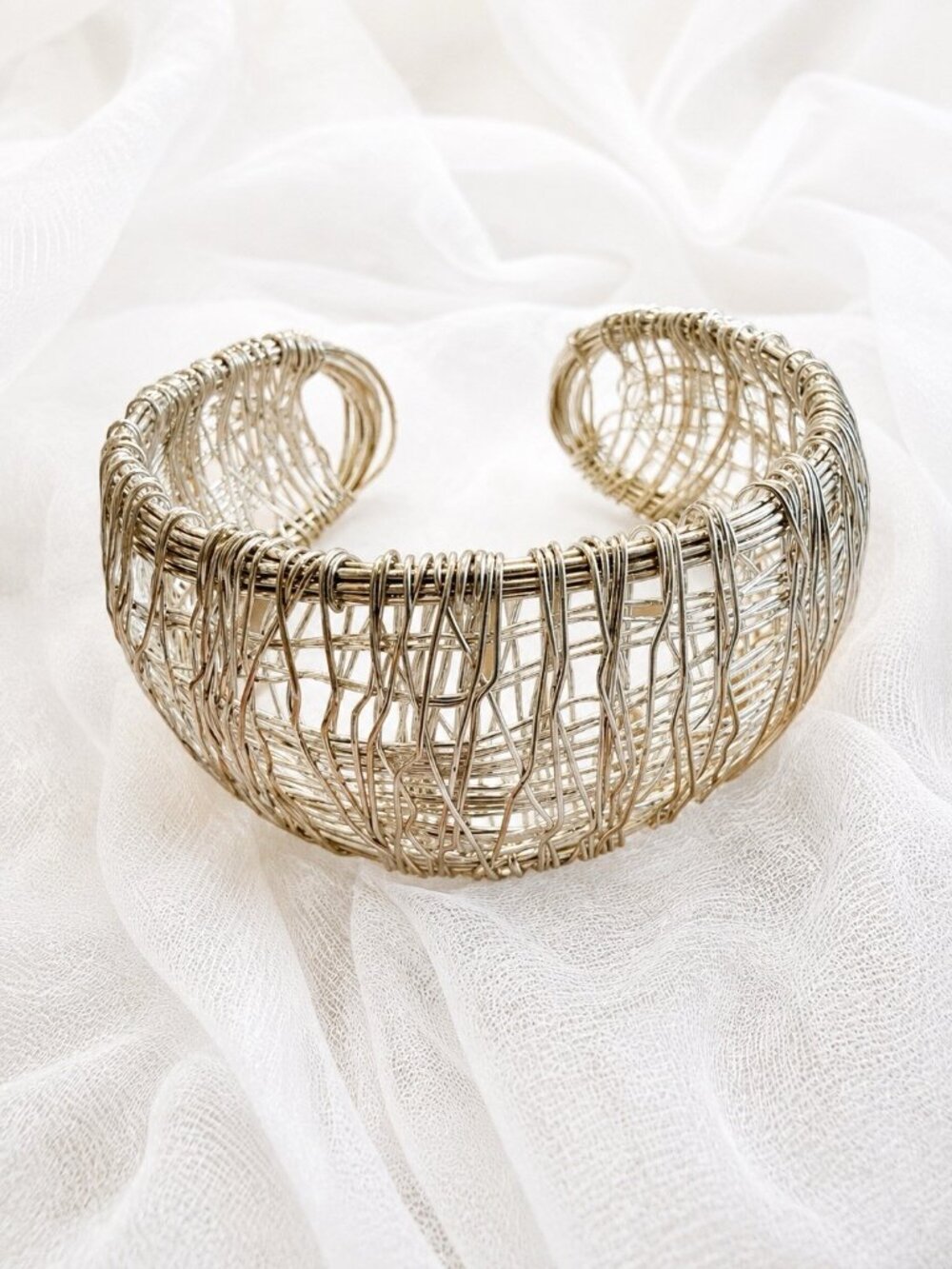 Silver Tone Woven Wire Cuff Bracelet Wide Statement Artisan Boho 7”